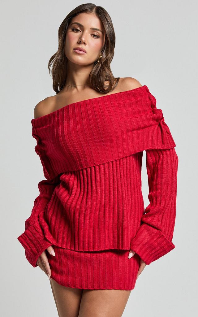 SNDYS The Label - Brooks Off Shoulder Jumper in Cherry Product Image