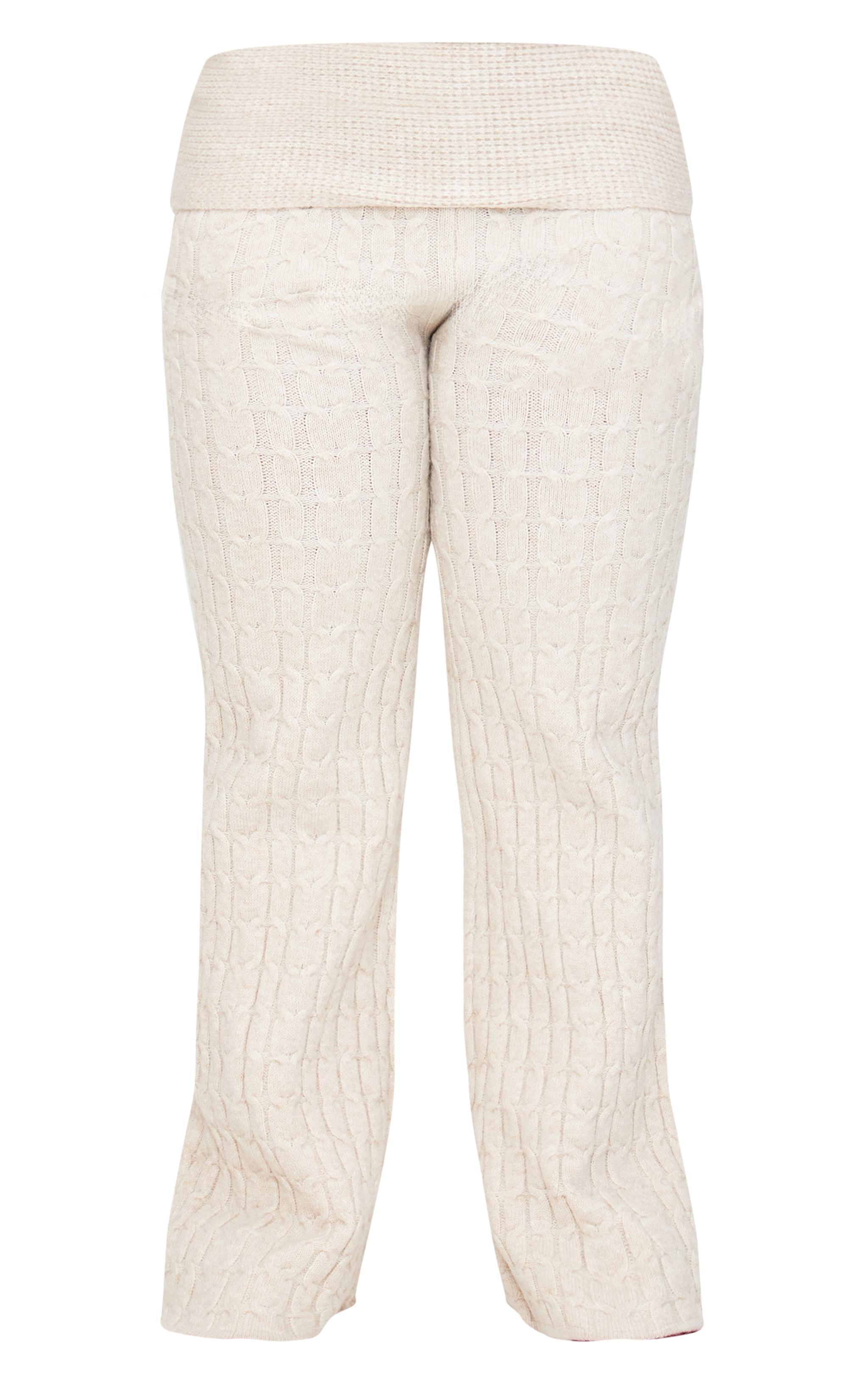 Plus Oatmeal Marl Textured Knit Foldover Wide Leg Pants Product Image