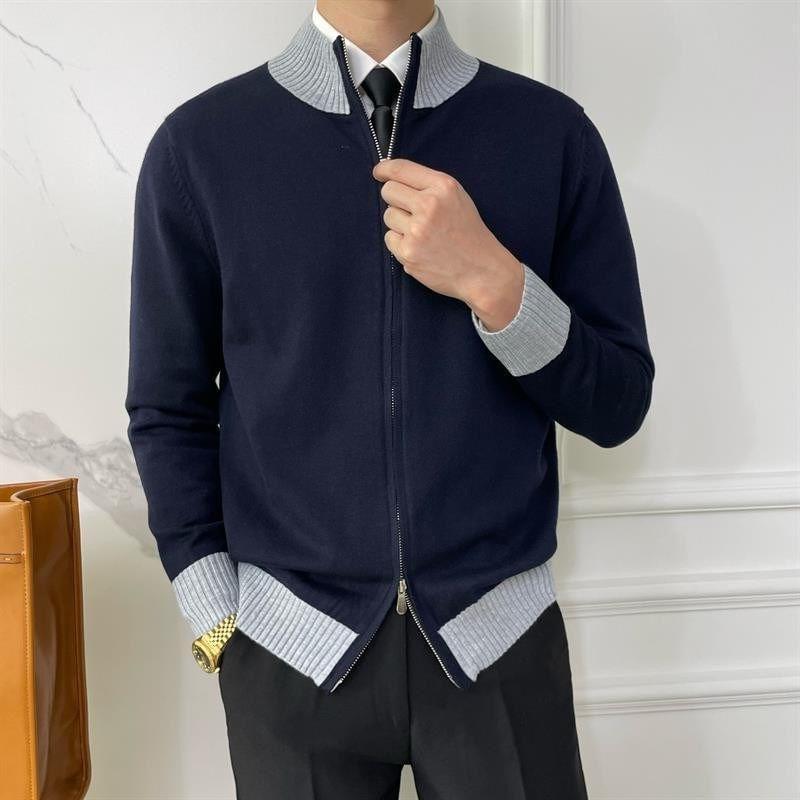 Stand Collar Contrast Trim Zip-Up Cardigan Product Image