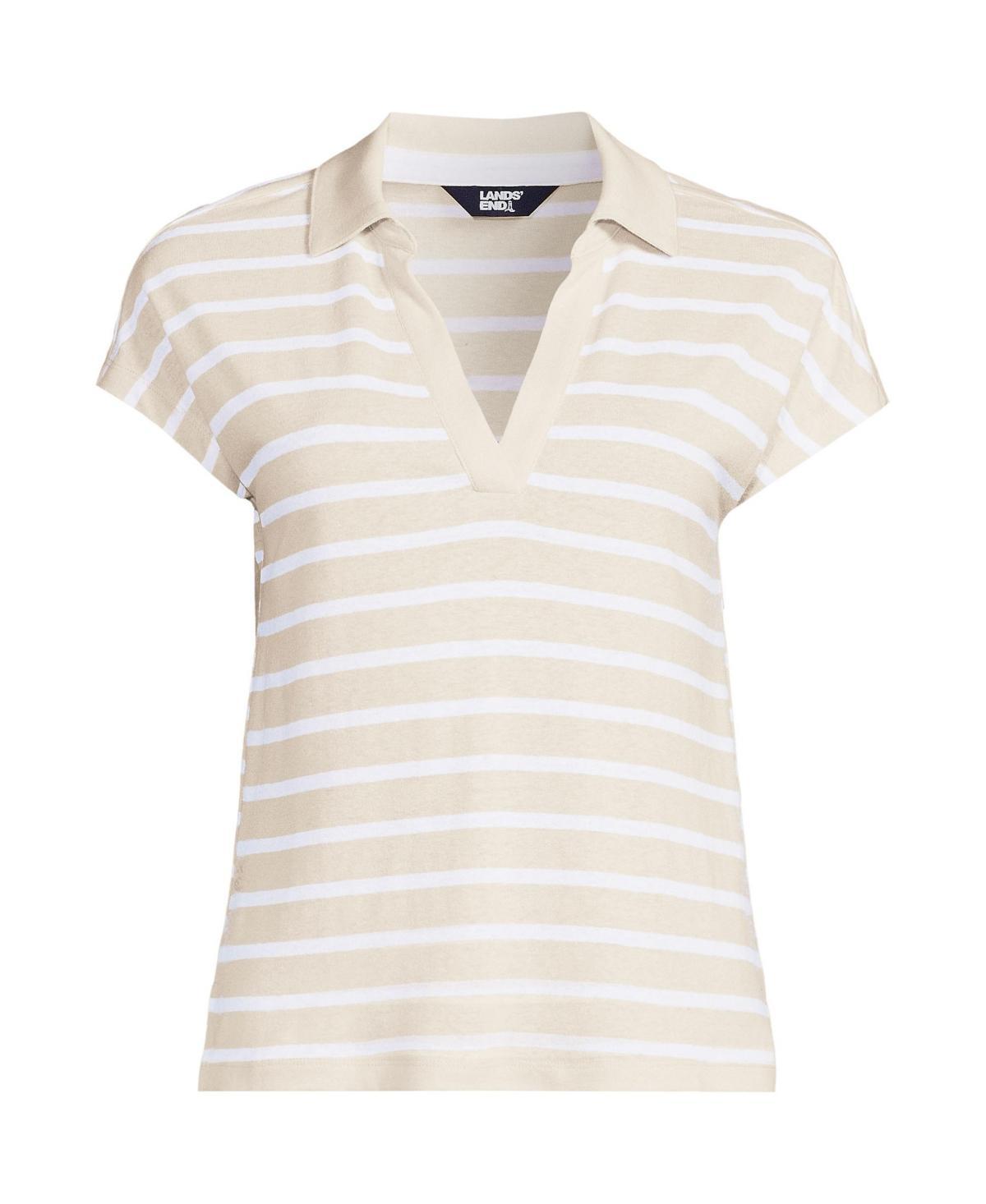 Womens Lands End Linen Blend Johnny Collar Polo Shirt Brown Breton Stripe Product Image