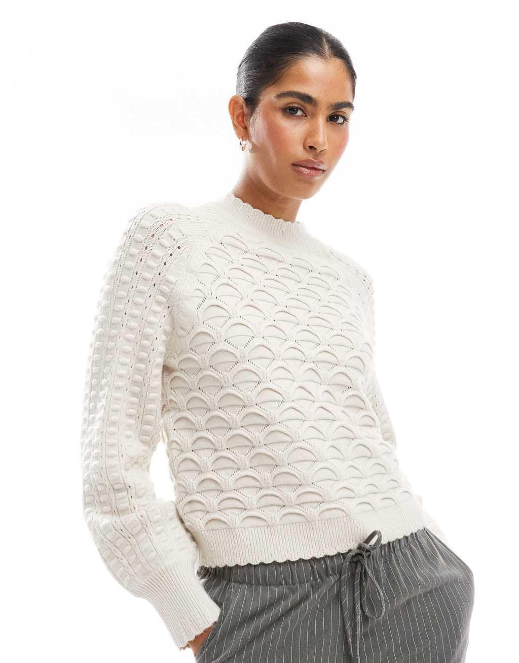 Object premium honeycomb knit sweater in cream Product Image