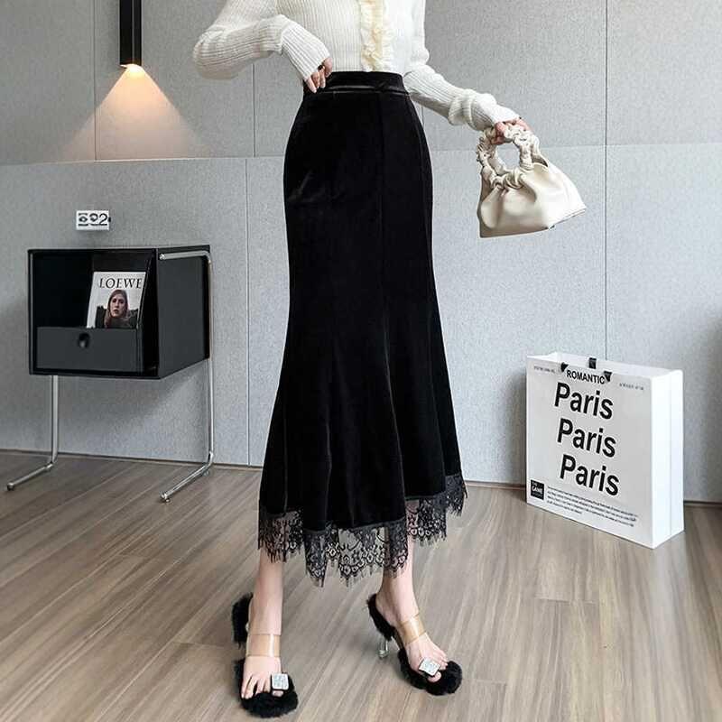 High Waist Lace Trim Midi Mermaid Skirt Product Image