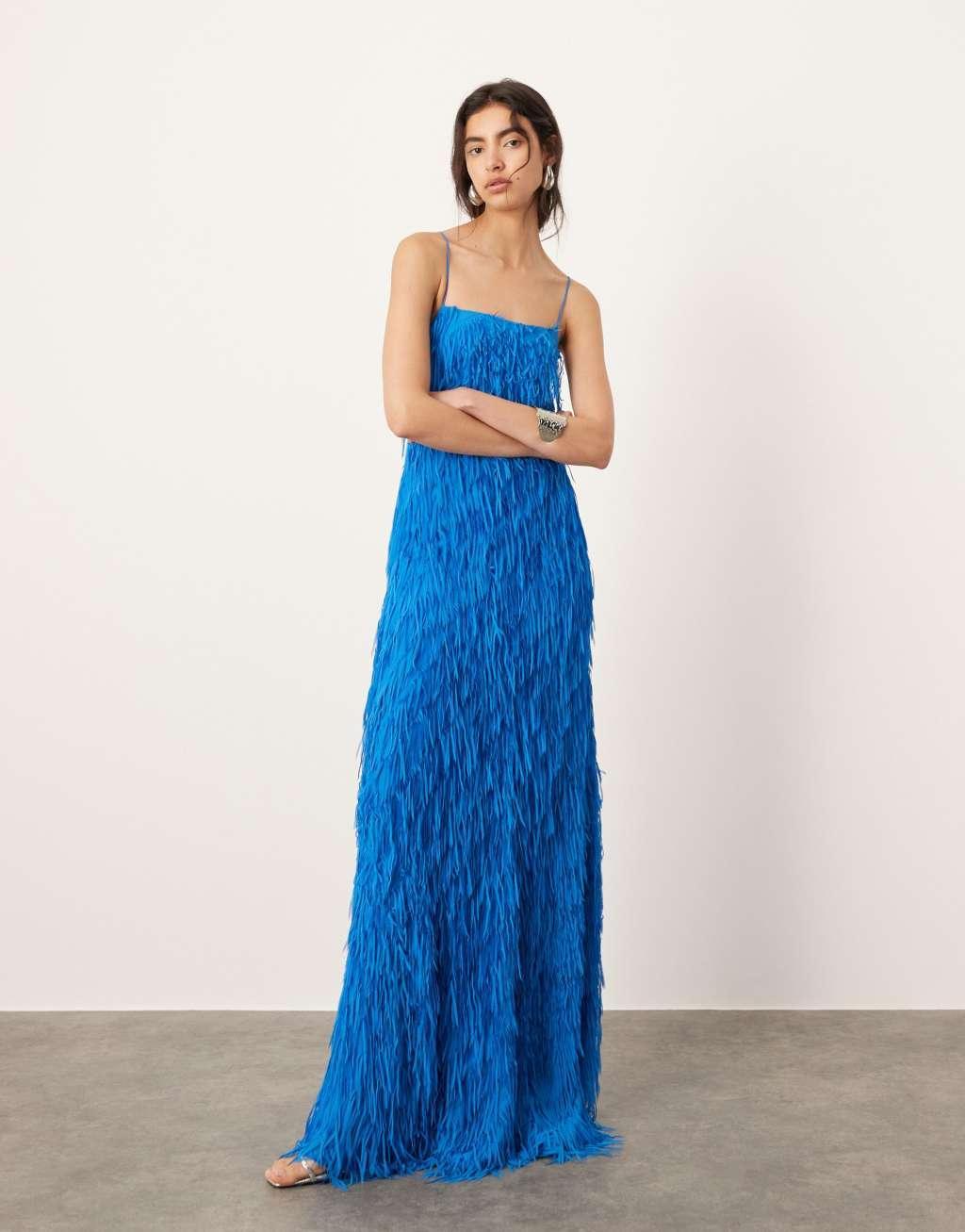 ASOS EDITION textured fringe cami maxi dress with low back in blue Product Image