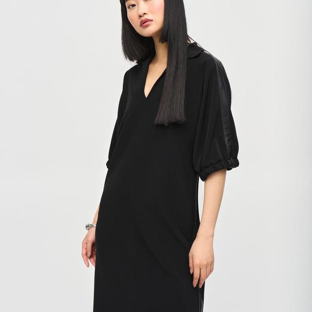 Silky Knit and Leatherette Trapeze Dress Product Image