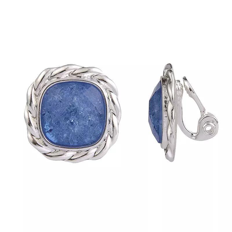 Emberly Silver Tone Blue Cab Square Button Clip On Earrings, Womens Product Image