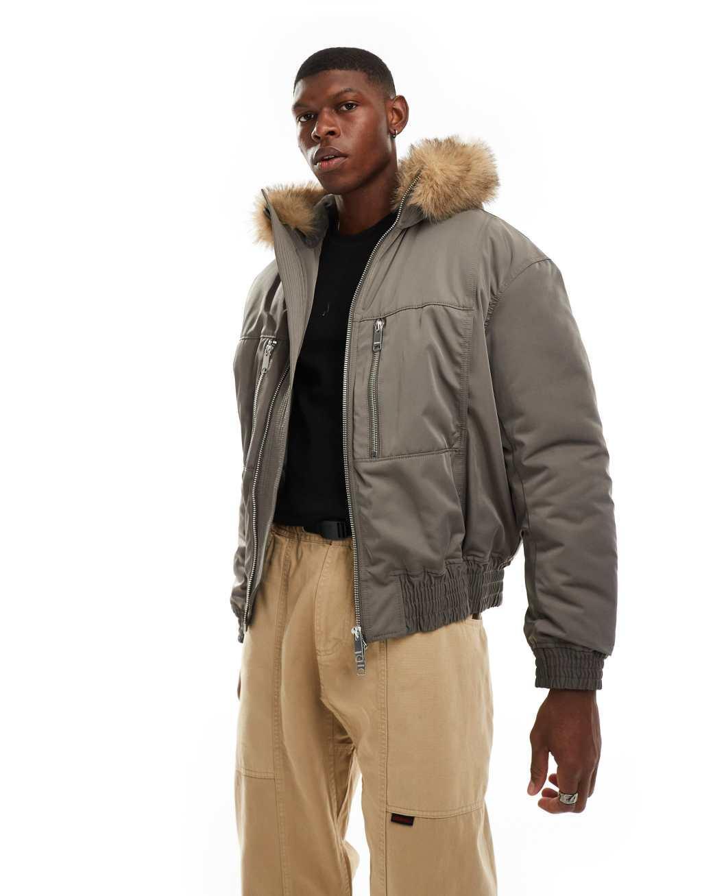 Weekday padded bomber jacket with faux fur hood in khaki Product Image