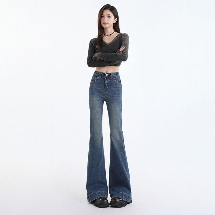 Mid Waist Washed Flared Jeans (Various Designs) Product Image