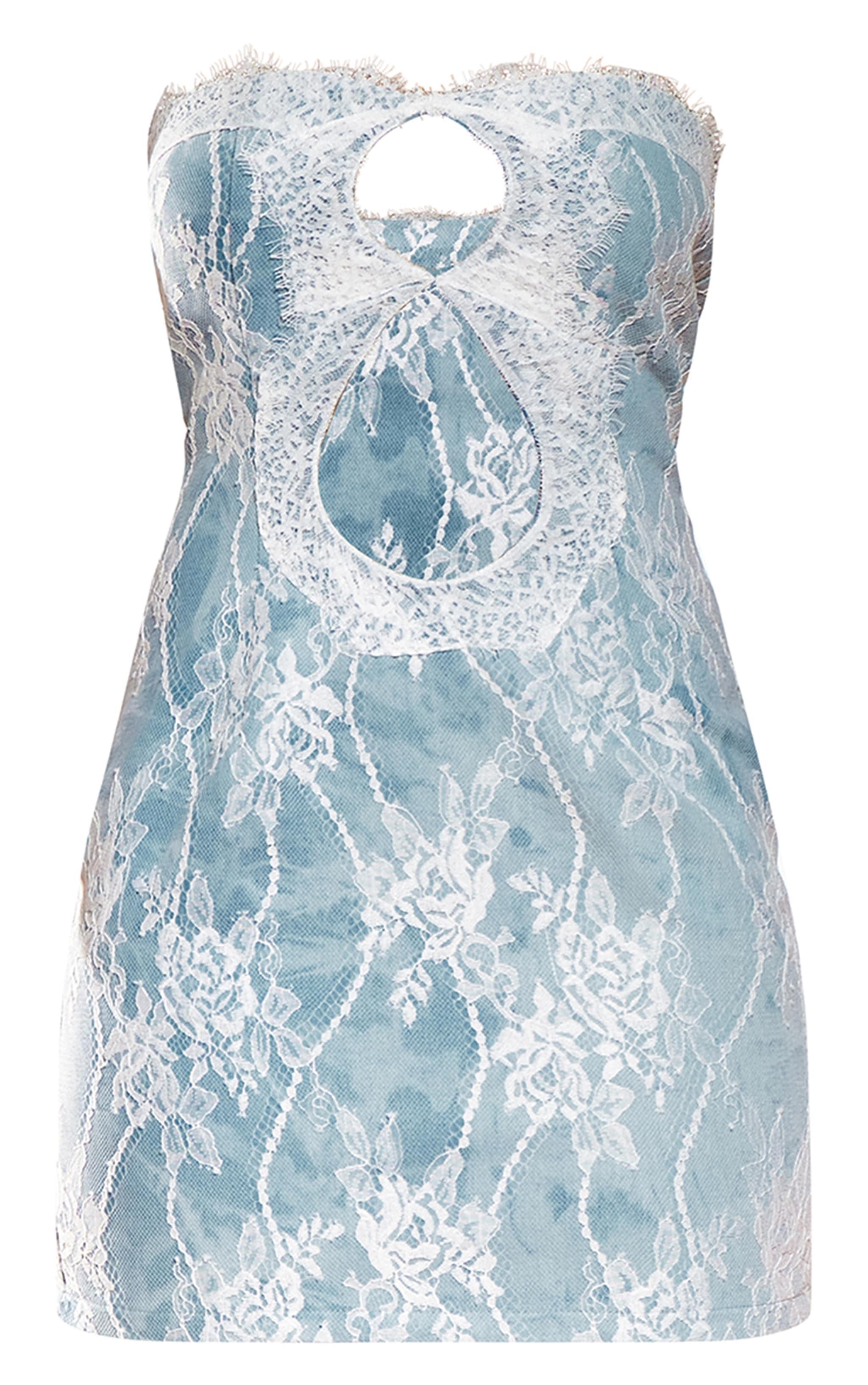 Light Blue Acid Wash Contrast Lace Bandeau Denim Mini Dress Product Image