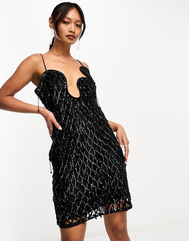 ASOS DESIGN embellished lattice mini dress with fringing and wave neckline in black Product Image