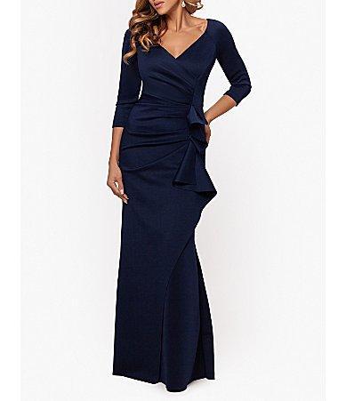 Xscape Stretch V-Neck 34 Sleeve Pleated Draped Gown Product Image