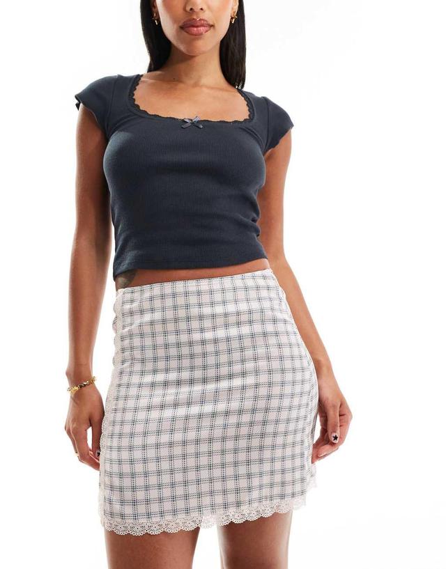 Monki mini satin lace skirt in pink plaid Product Image