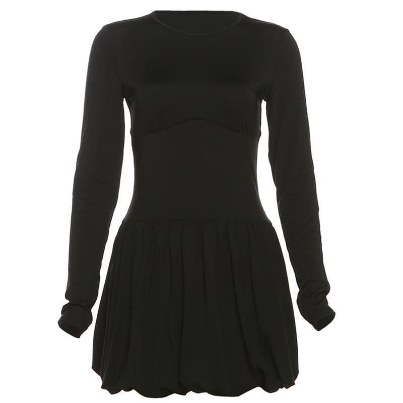 Long-Sleeve Crew Neck Plain Mini A-Line Dress Product Image