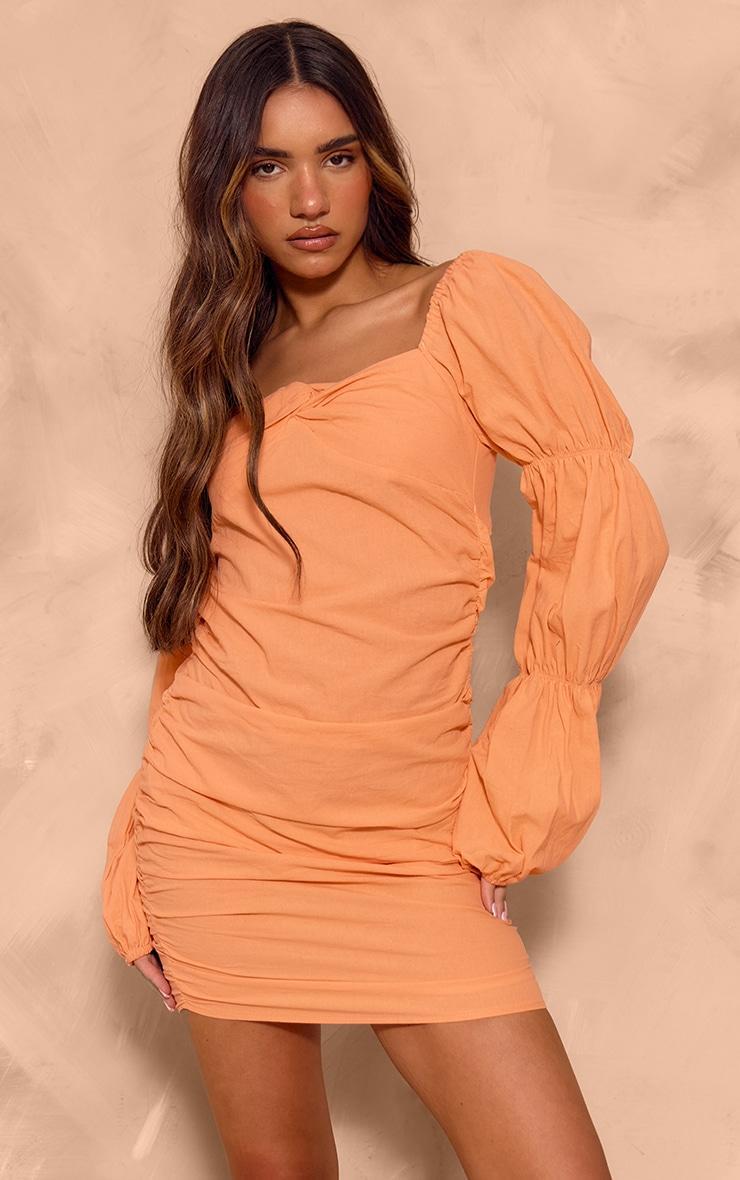 Orange Linen Look Tie Back Long Sleeve Bodycon Dress Product Image