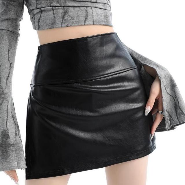 High Waist Plain Faux Leather Mini A-Line Skirt Product Image