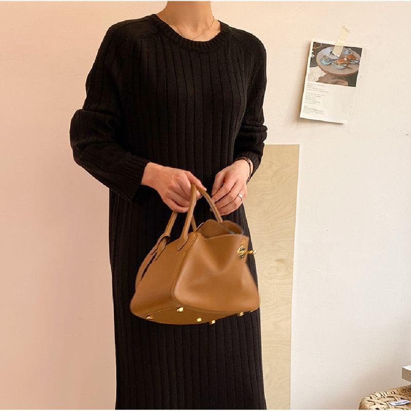 Long Sleeve Crew Neck Plain Ribbed Knit Bodycon Midi Sweater Dress Product Image