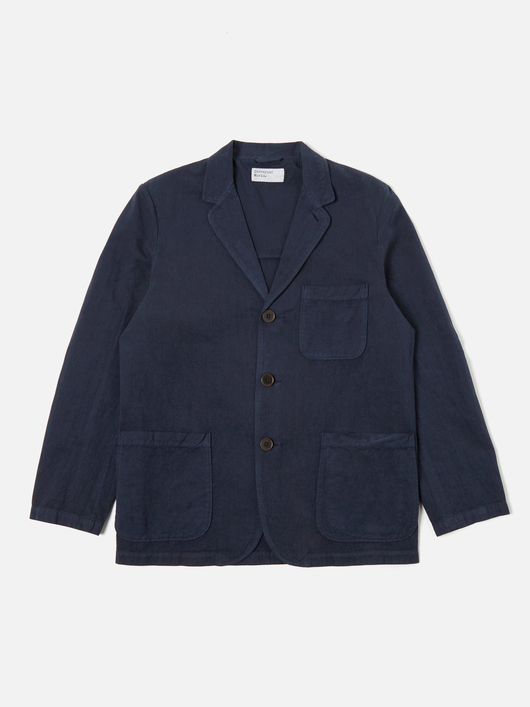 Universal Works Three Button Jacket in Navy Linen Slub Weave Product Image