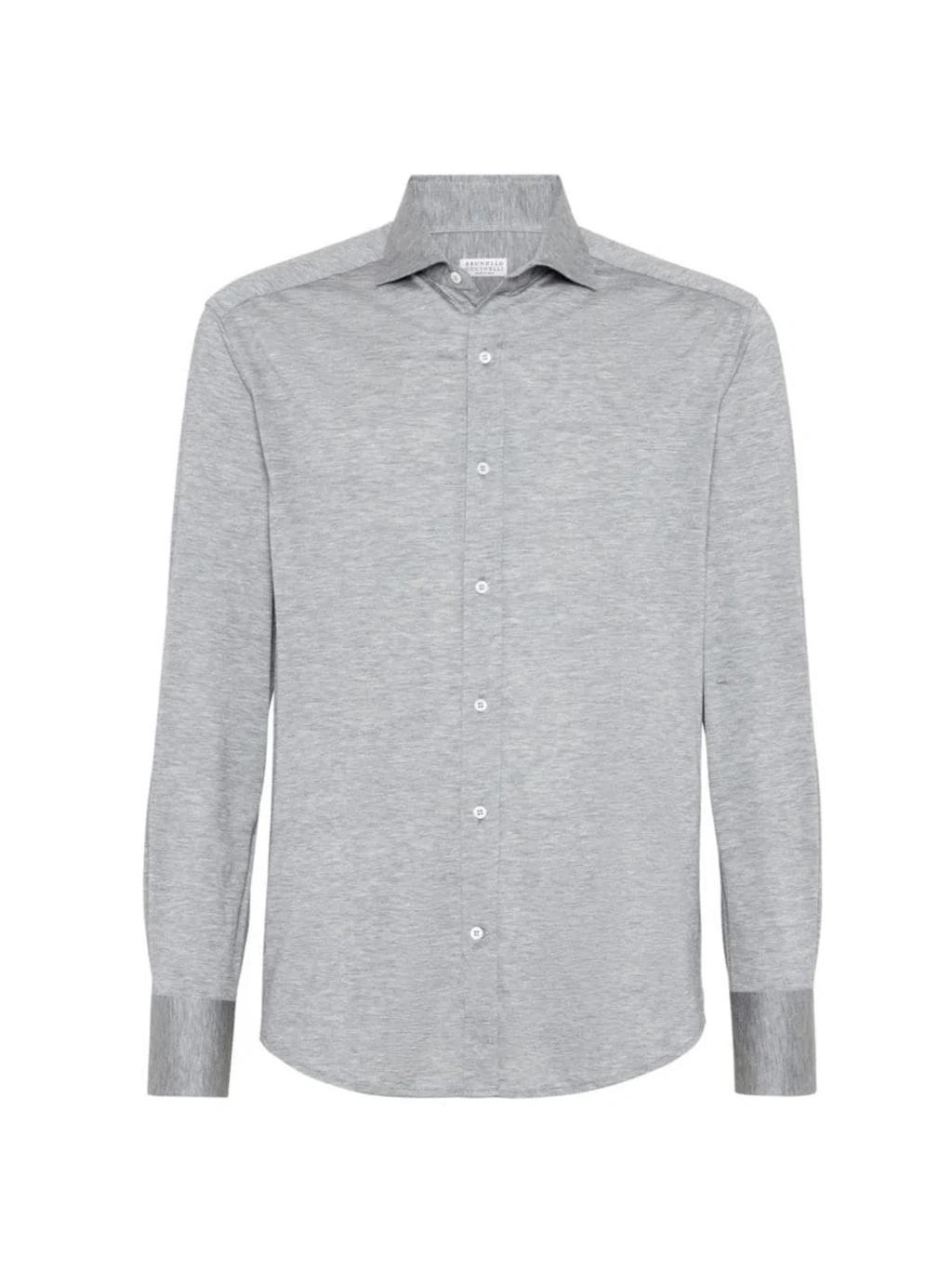 BRUNELLO CUCINELLI Men's Silk And Cotton Jersey Shirt With Spread Collar In Grey product image