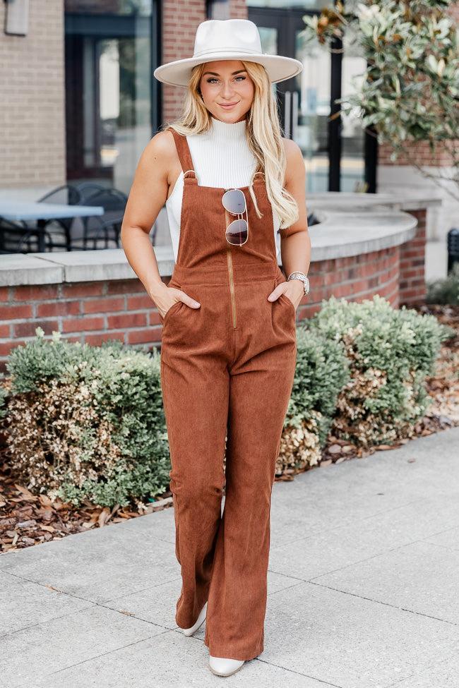 Perfect For You Brown Corded Zip Up Overalls FINAL SALE Product Image