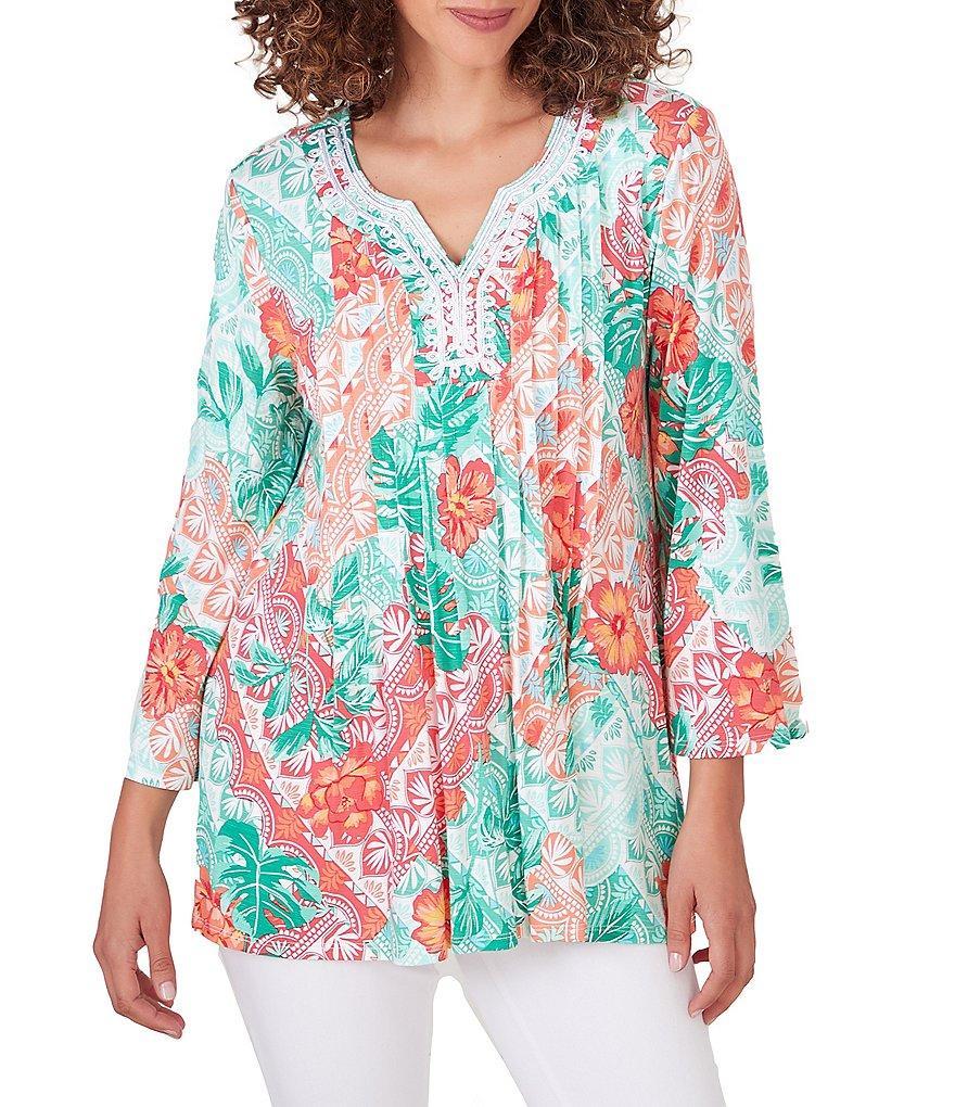 Ruby Rd. Petite Size Knit Tropical Island Patchwork Embroidered Split V-Neck 3/4 Sleeve Shirt Product Image