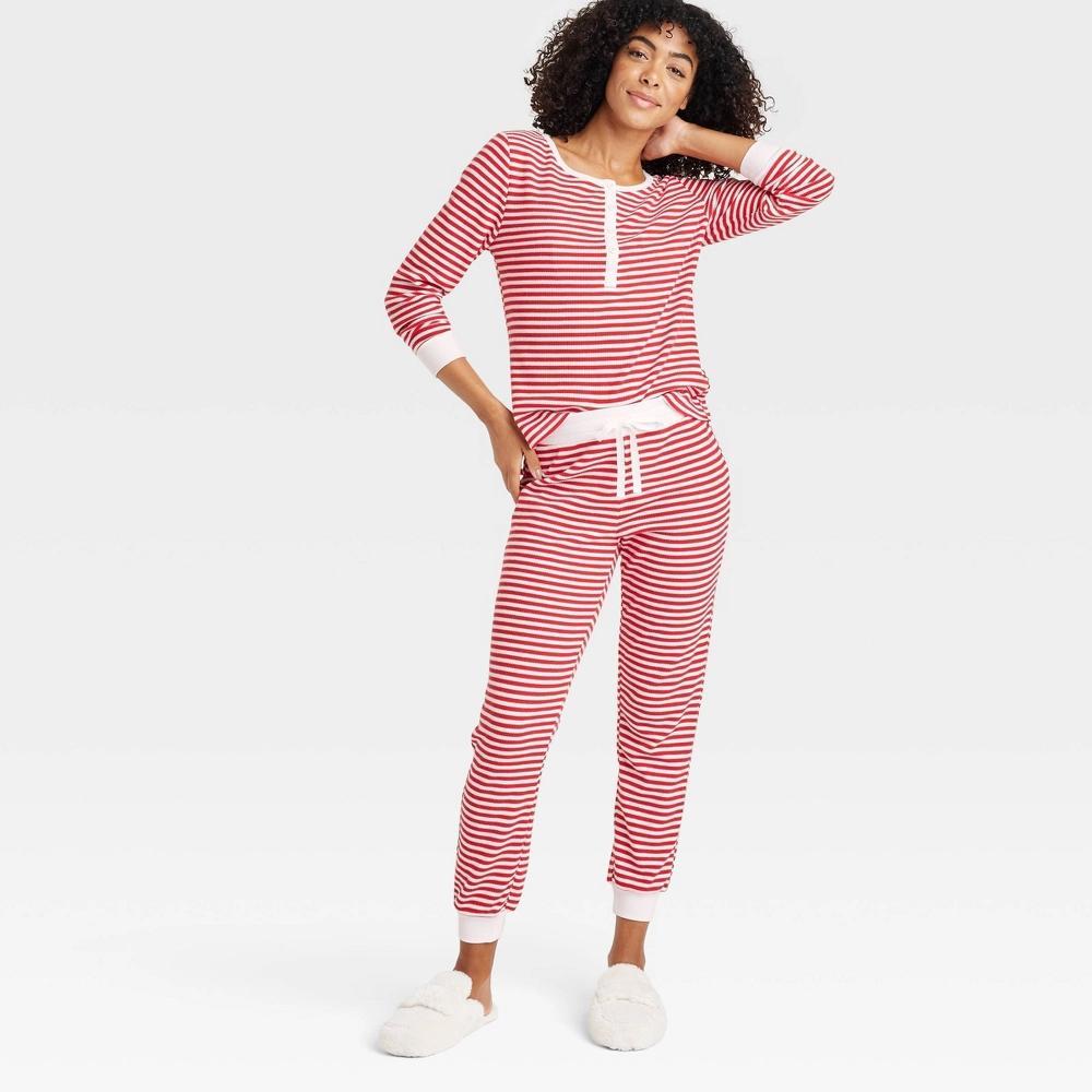 Women's Striped Thermal Long Sleeve Henley Top and Jogger Pants Pajama Set - Auden™ Red XL Product Image