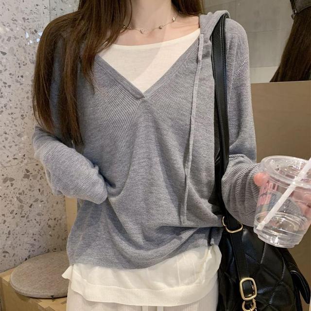 Hooded V-Neck Mock Two Piece Sweater Product Image