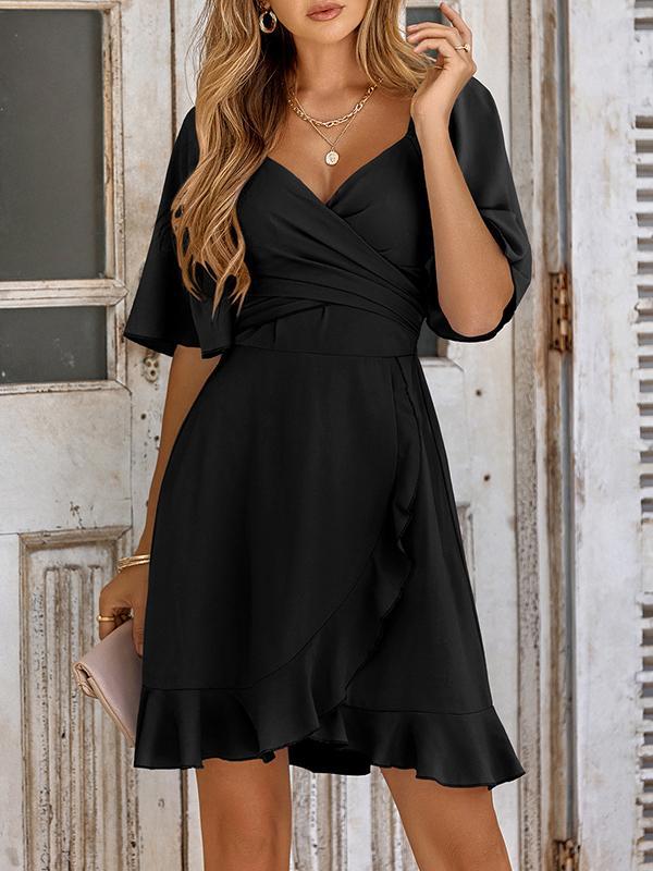 Flared Sleeves Half Sleeves Elasticity Ruffled Solid Color Split-Joint Tied Waist V-Neck Mini Dresses Product Image