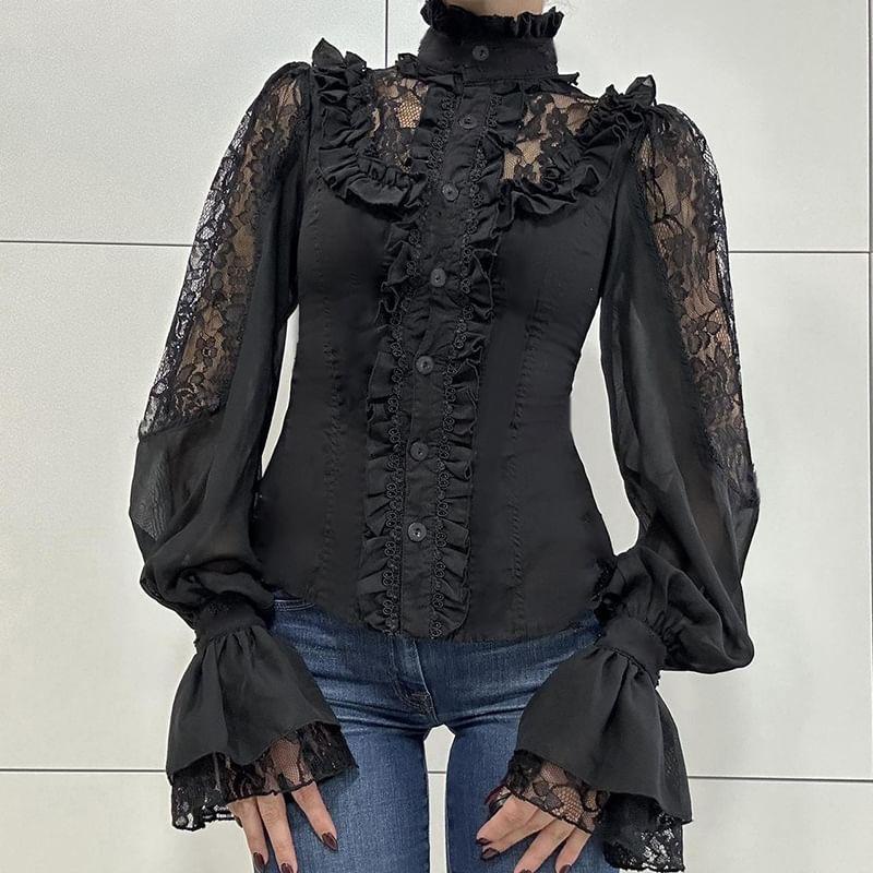 Puff-Sleeve Plain Ruffle Lace Panel Shirt Product Image