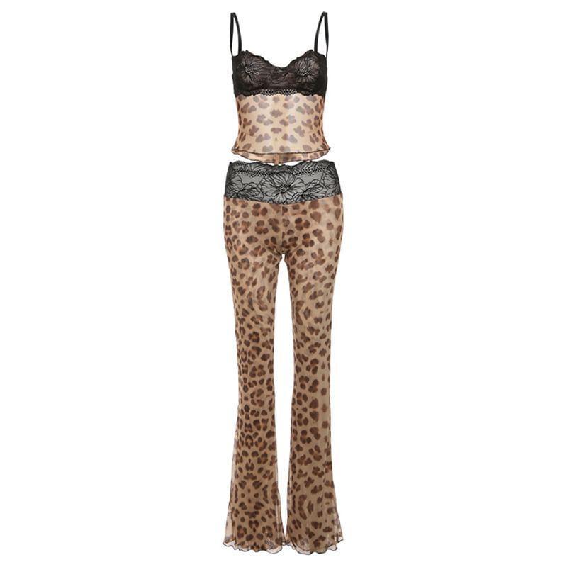 Set: Lace Panel Leopard Print Slim-Fit Crop Cami Top + Low Waist Slim-Fit Pants Product Image