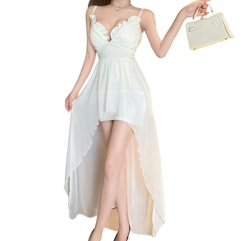 Spaghetti Strap Plain Ruffle Trim High Low A-Line Dress Product Image