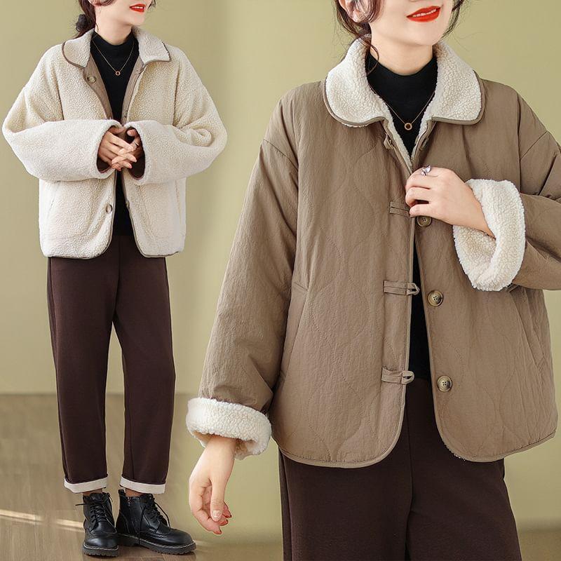 Collared Plain Fleece Lined Button Jacket Product Image