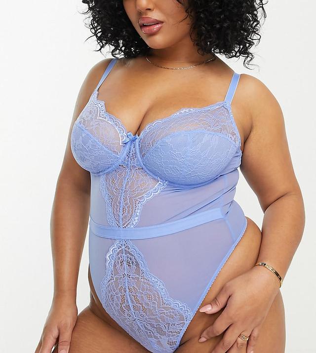 Ivory Rose Curve lace undewired mesh thong bodysuit in blue Product Image