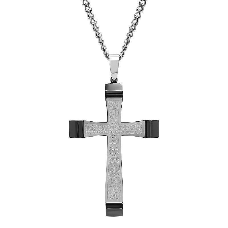 Mens Stainless Steel Two-Tone The Lords Prayer Cross Pendant Necklace Silvertone Product Image