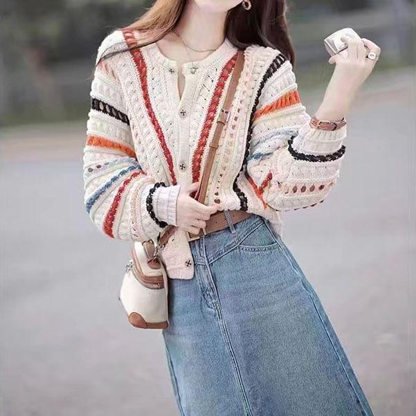 Crew Neck Striped Pointelle Knit Sweater / Cardigan Product Image