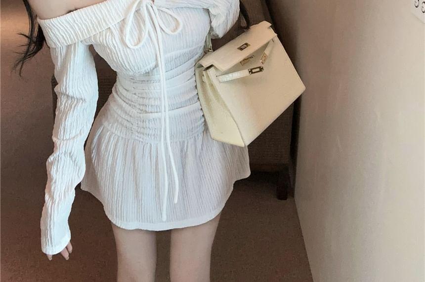 Long-Sleeve Off-The-Shoulder Plain Ruched Mini A-Line Dress Product Image