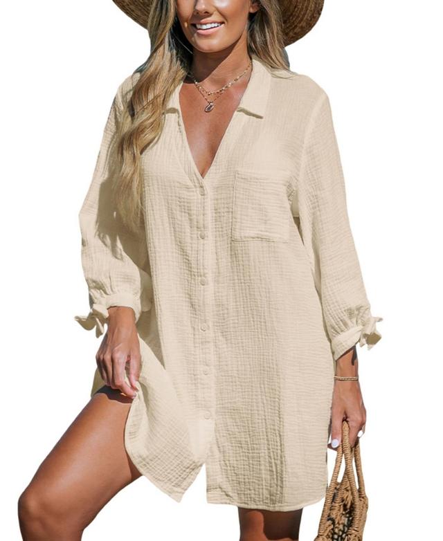 Cupshe Womens Seersucker Tie Cuff Cover Up Dress - Beige Product Image