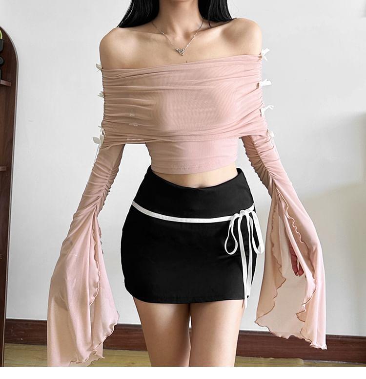 Flared-Sleeve Plain Ruched Bow Crop Top Product Image