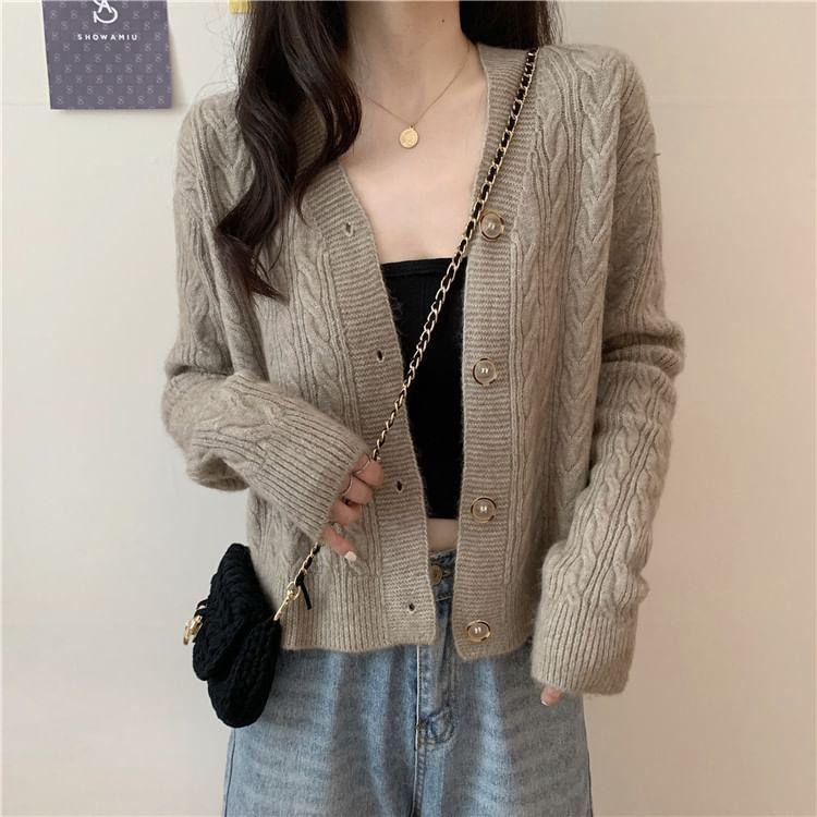 V-Neck Plain Cable Knit Cardigan Product Image