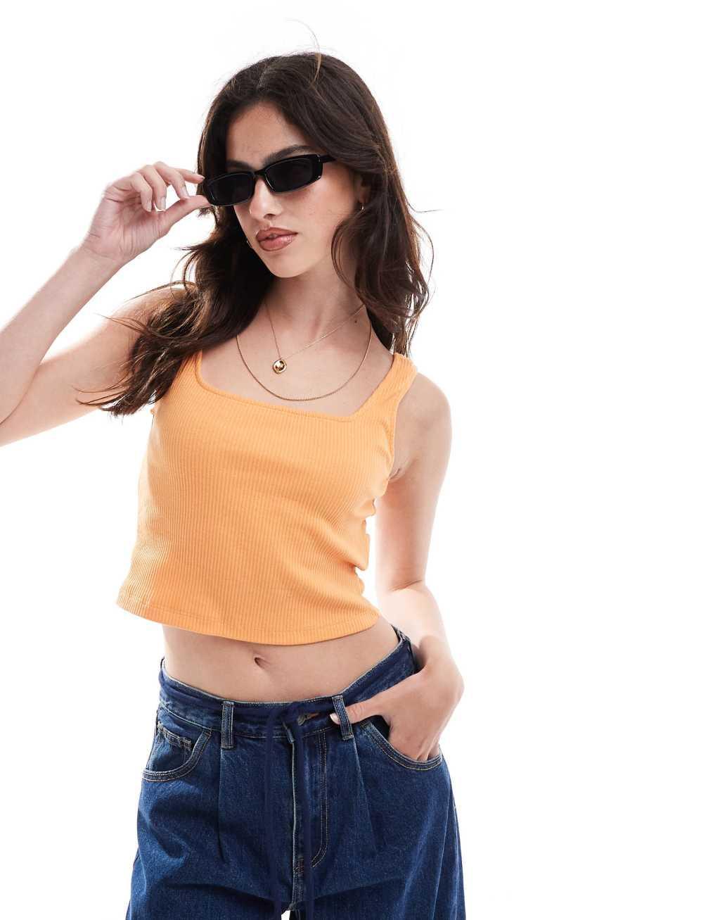 Pieces square neck crop top in tangerine Product Image