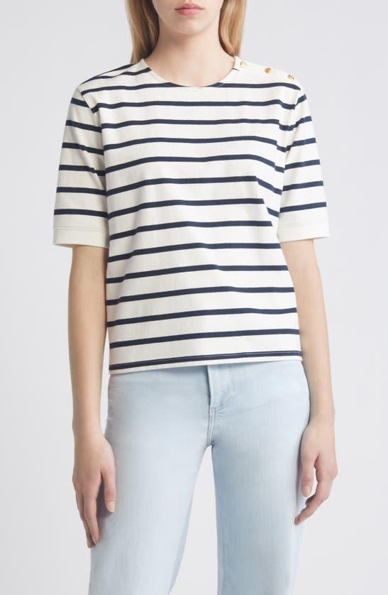 FRAME Stripe Organic Cotton Button Accent T-shirt In White Product Image