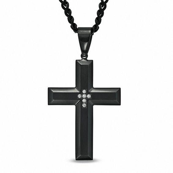 Men's Diamond Accent Cross Pendant in Black IP Stainless Steel - 24" Product Image