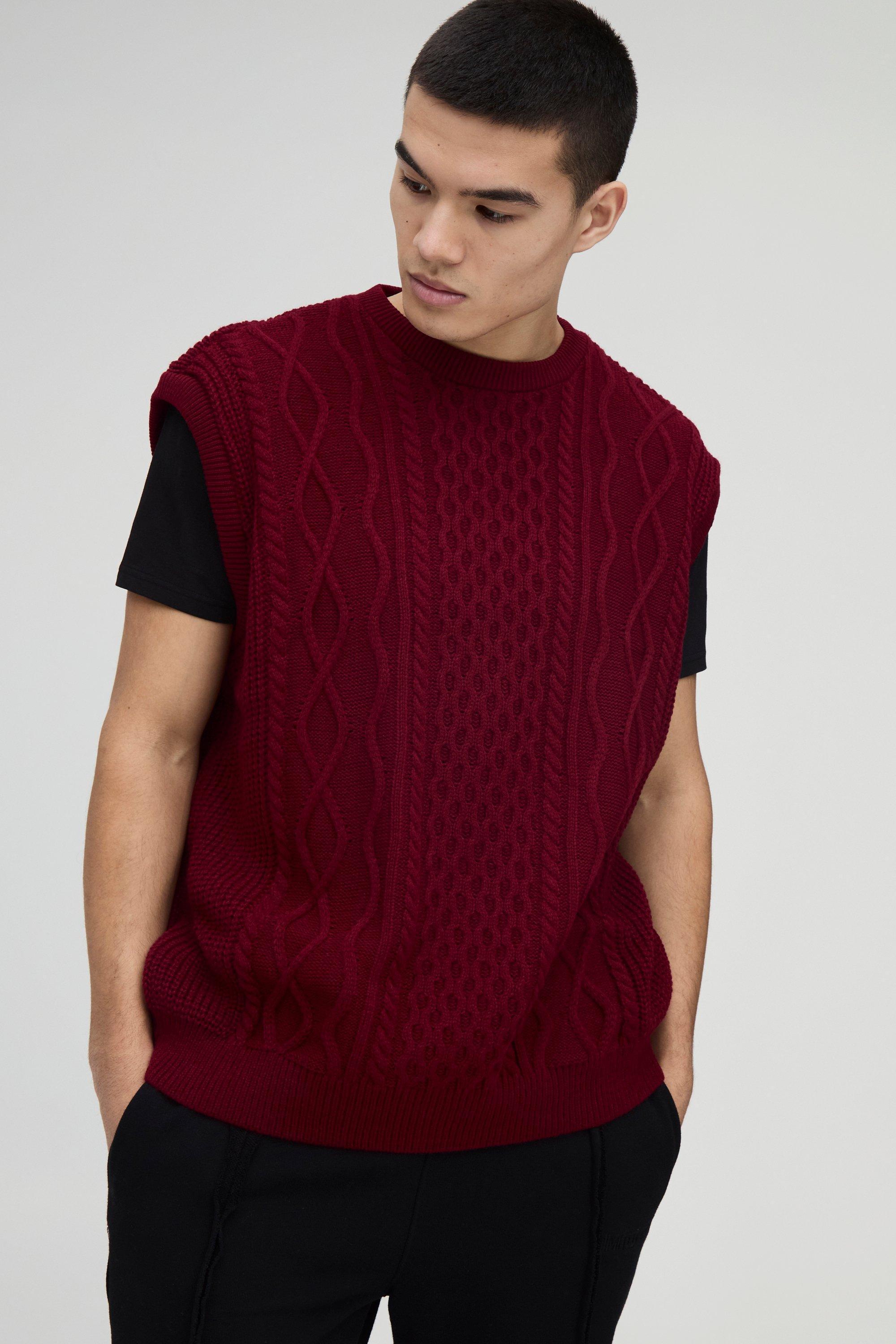 Oversized Crew Neck Cable Knitted Vest | boohooMAN USA Product Image