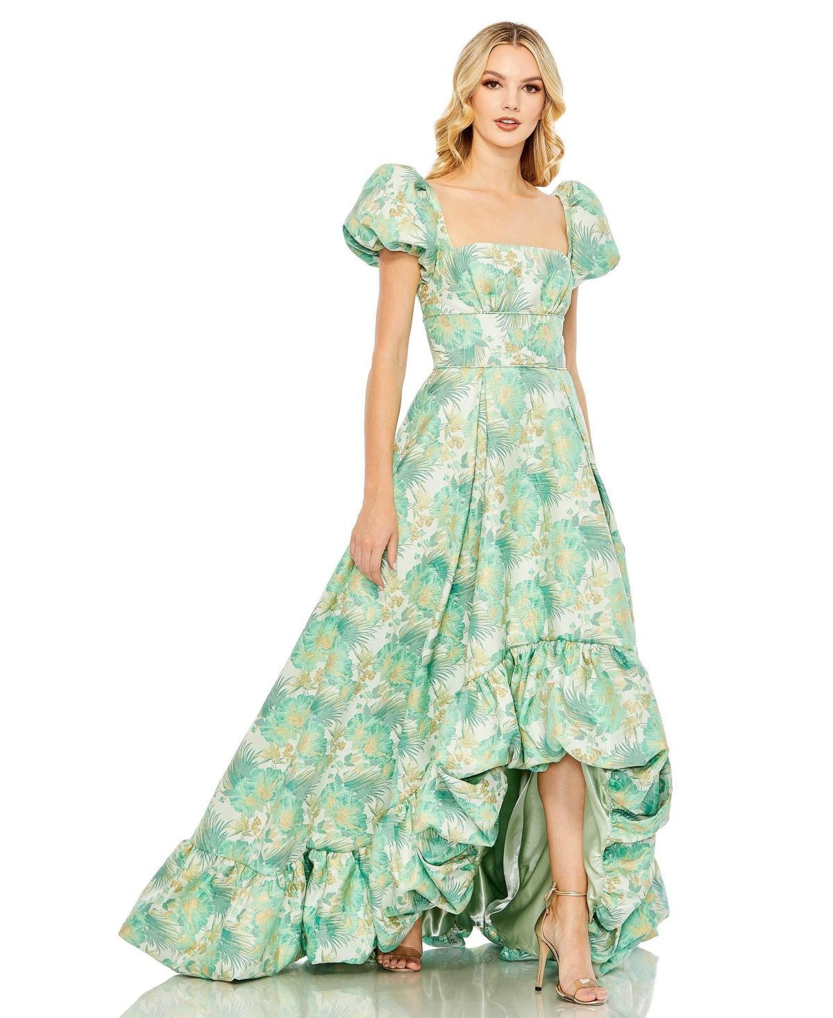 Mac Duggal Womens Floral Print Puff Sleeve Hi-Lo Brocade Gown Product Image