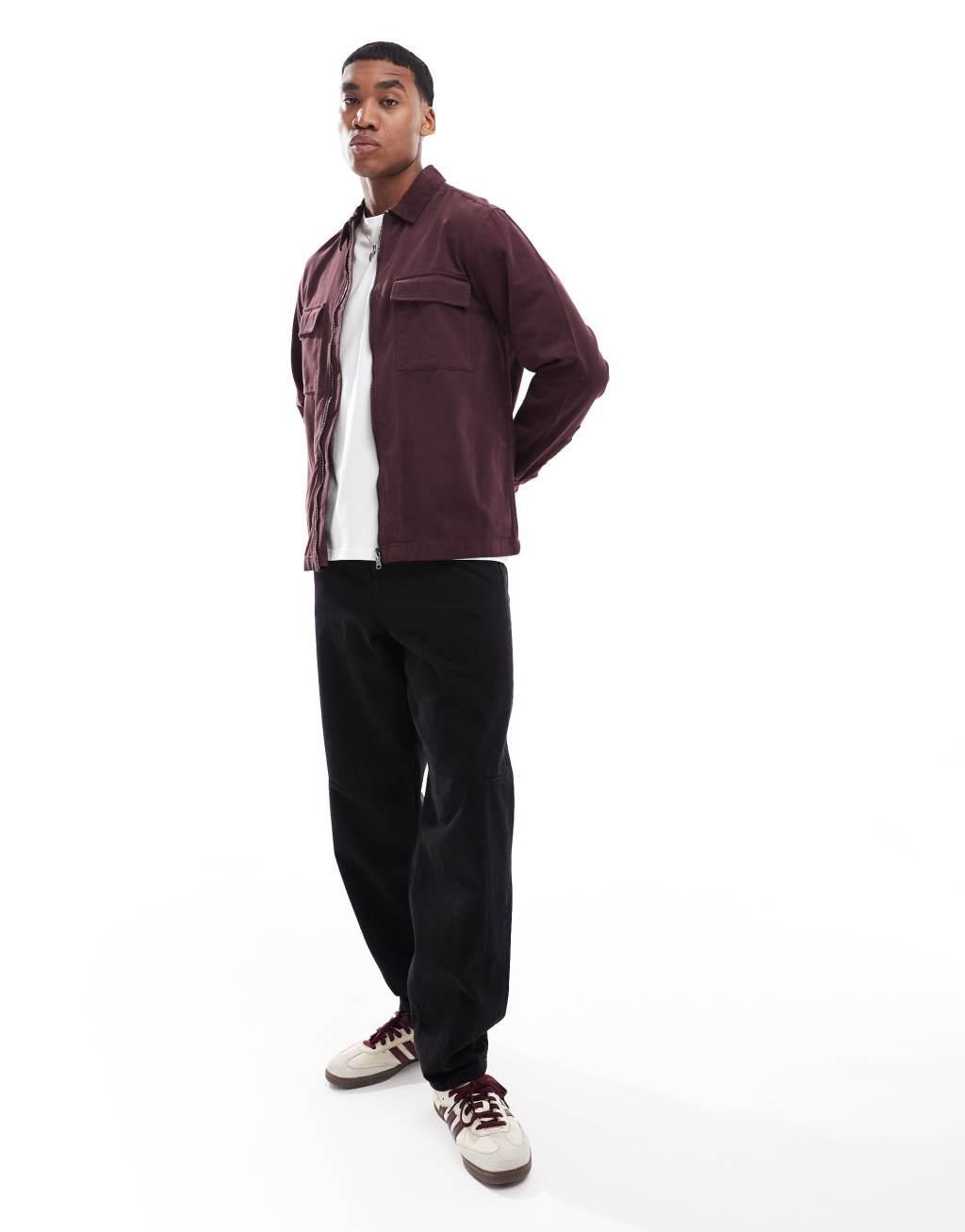 ASOS DESIGN overshirt with front zip in burgundy Product Image