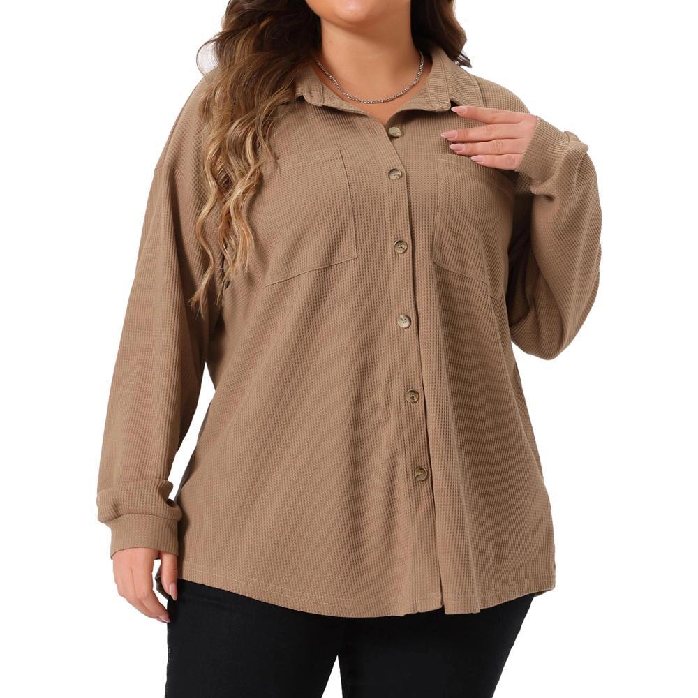 Agnes Orinda Women's Plus Size Waffle Knit Shacket Pocket Loose Long Sleeve Button Down Shirts Product Image