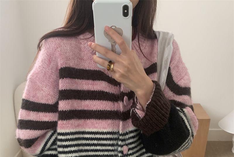 Crewneck Striped Button-Up Cardigan Product Image