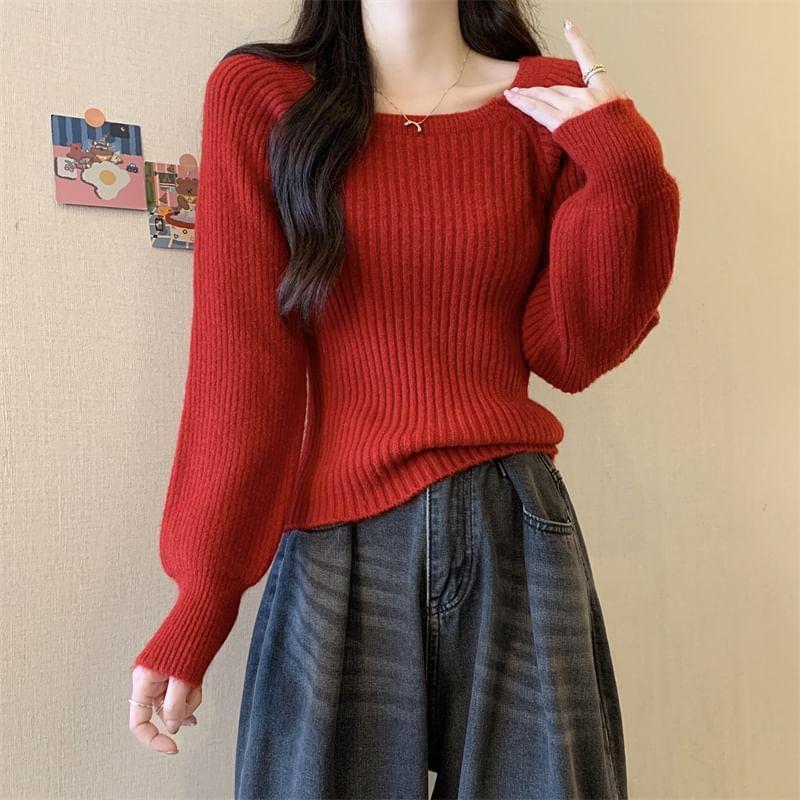 Scoop Neck Plain Ribbed Knit Sweater Product Image