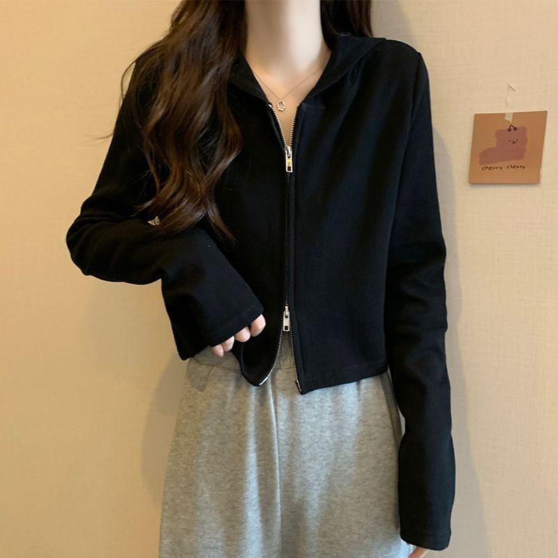 Long-Sleeve Zip-Up Hooded Plain Top Product Image