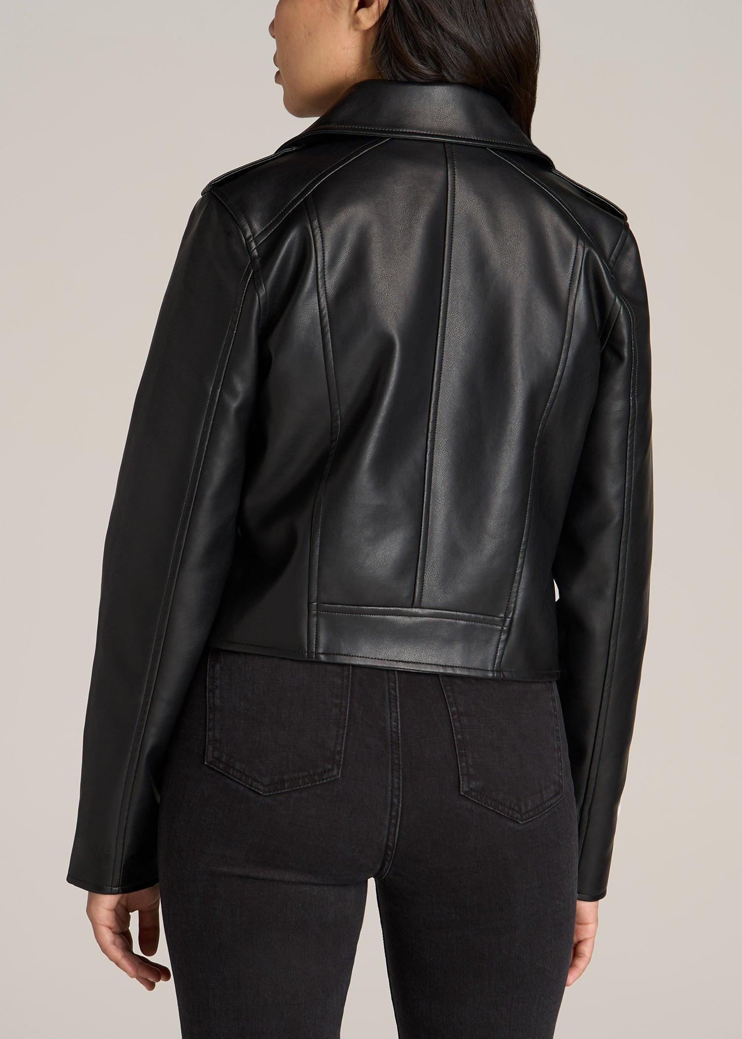 Cropped Faux Leather Moto Jacket for Tall Women in Black Product Image