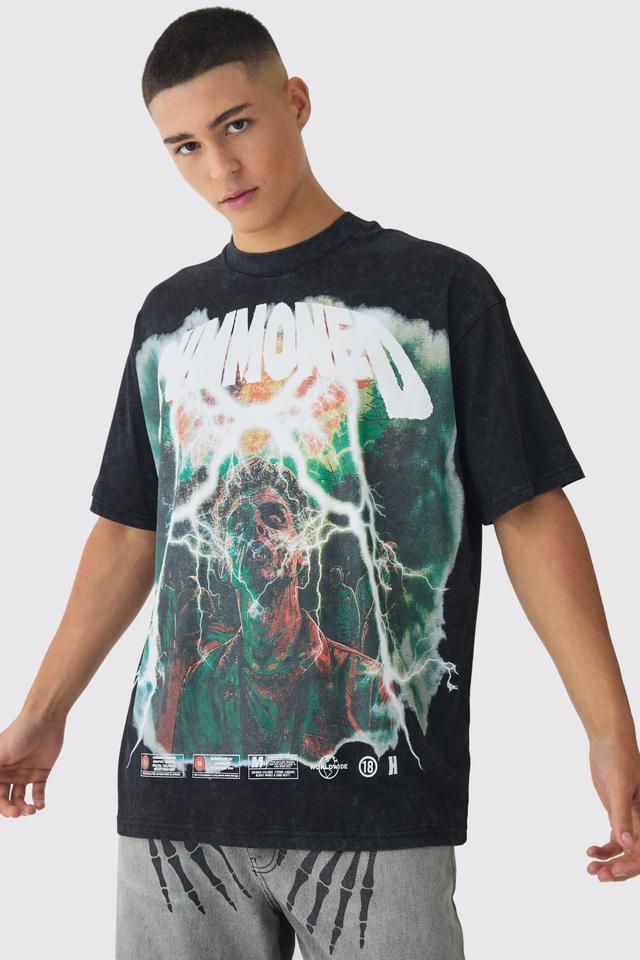 Oversized Extended Neck Large Scale Summoned Print Acid Wash T-Shirt | boohooMAN USA Product Image