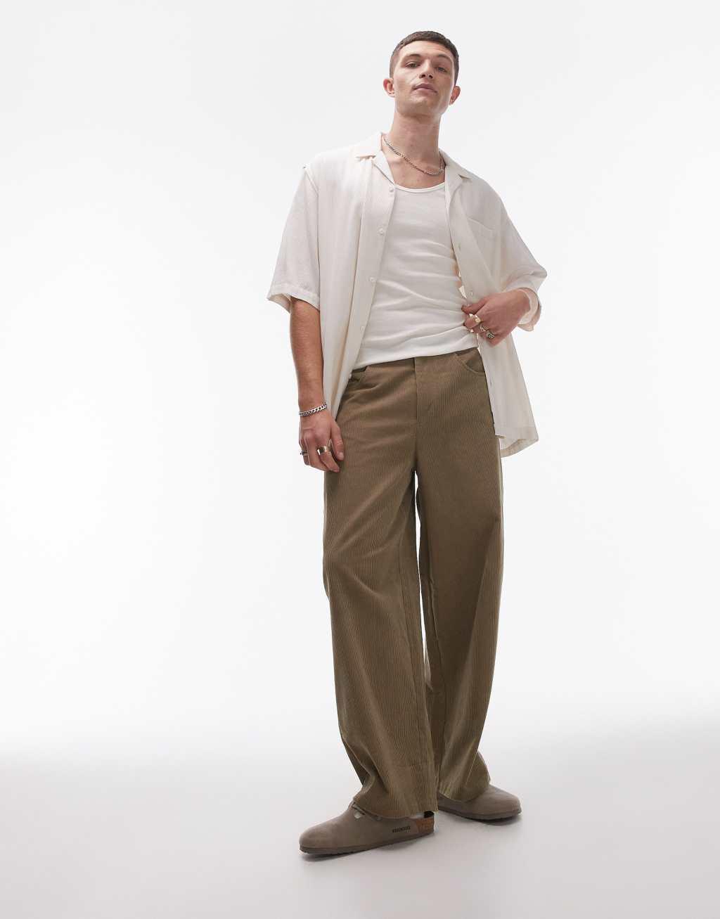 Topman wide leg cord pants in stone Product Image